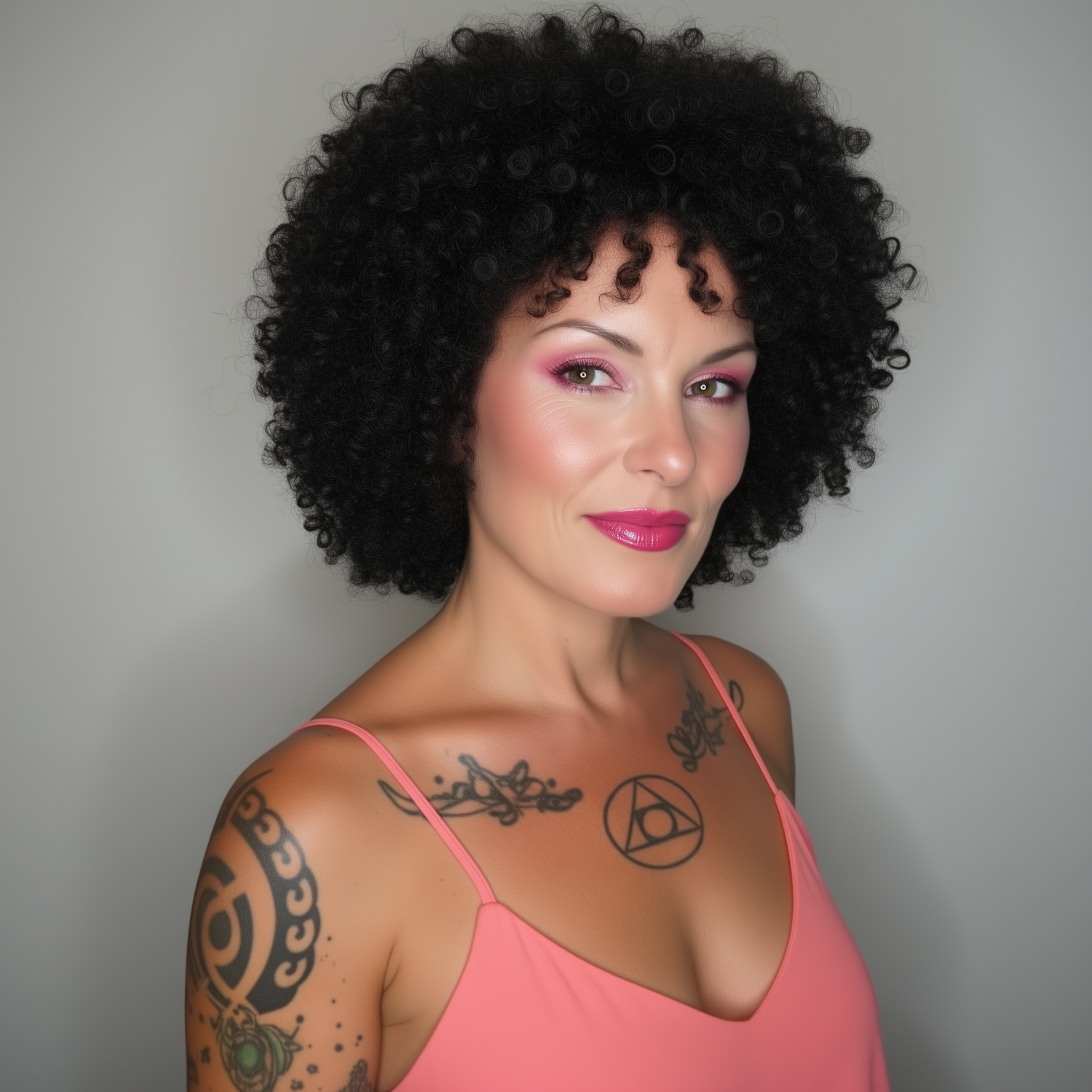 Woman with an kinky curly hairstyle wearing a pink top against a gray background