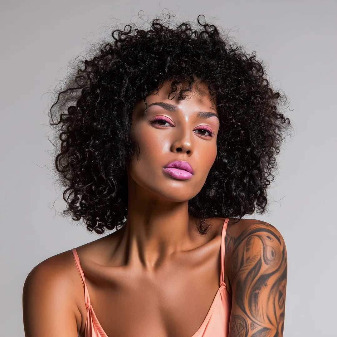 Portrait of a woman with voluminous black curly afro hair, wearing pink eyeshadow and lipstick, a coral-colored top, with a decorative tattoo visible on her shoulder, against a gray background