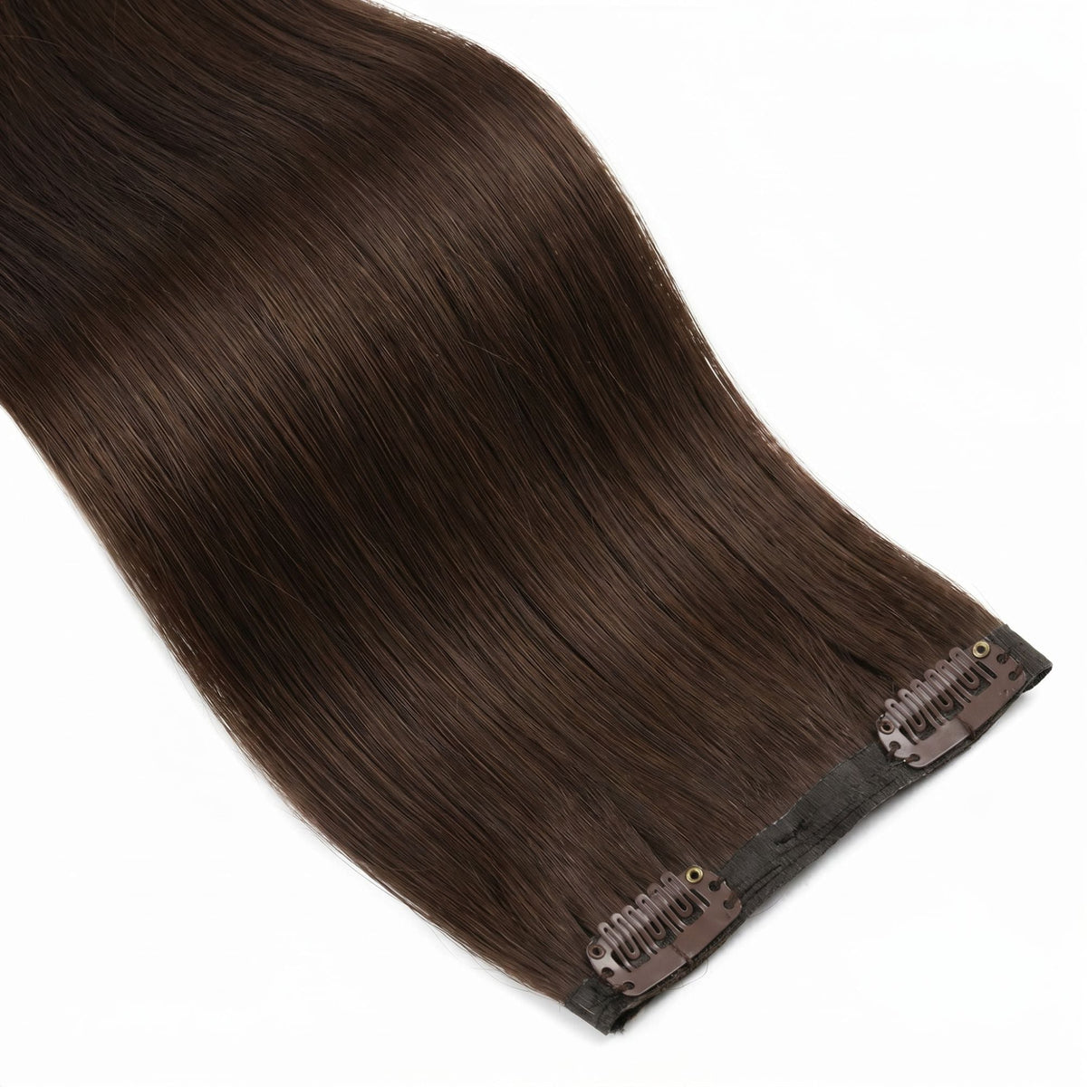 Close-up of a single seamless weft of dark brown straight clip-in hair extensions showing the snap clips on the flat band