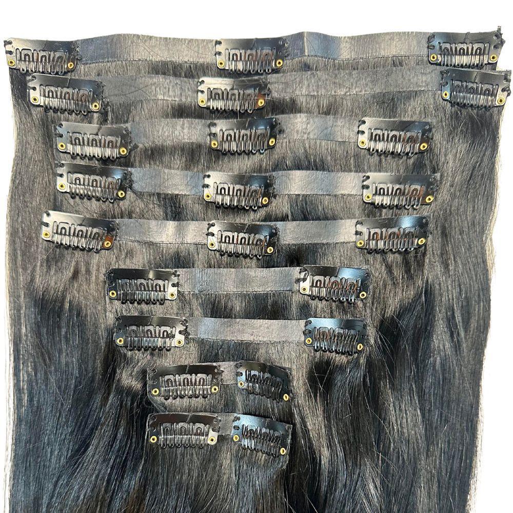 Clip In Hair Extensions - Straight Seamless - Natural Black (1B) - full set showing clips back view
