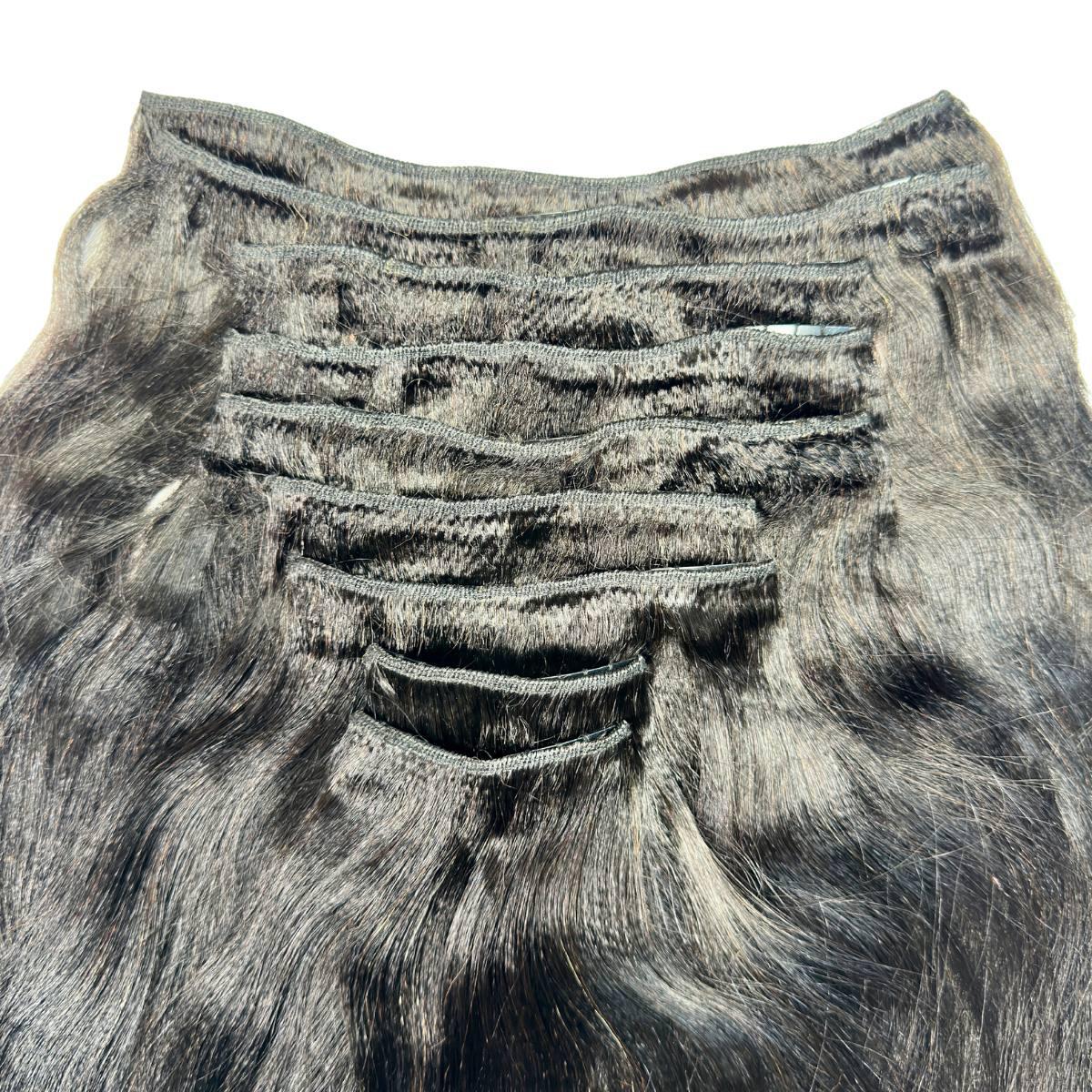 Clip In Hair Extensions - Yaki Straight - Natural Black (1B) - full set weft and stitching close-up