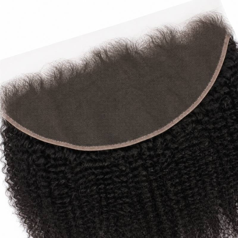 Close-up of the curved lace edge and knotted hairline on natural black afro kinky curly HD lace frontal hair extensions