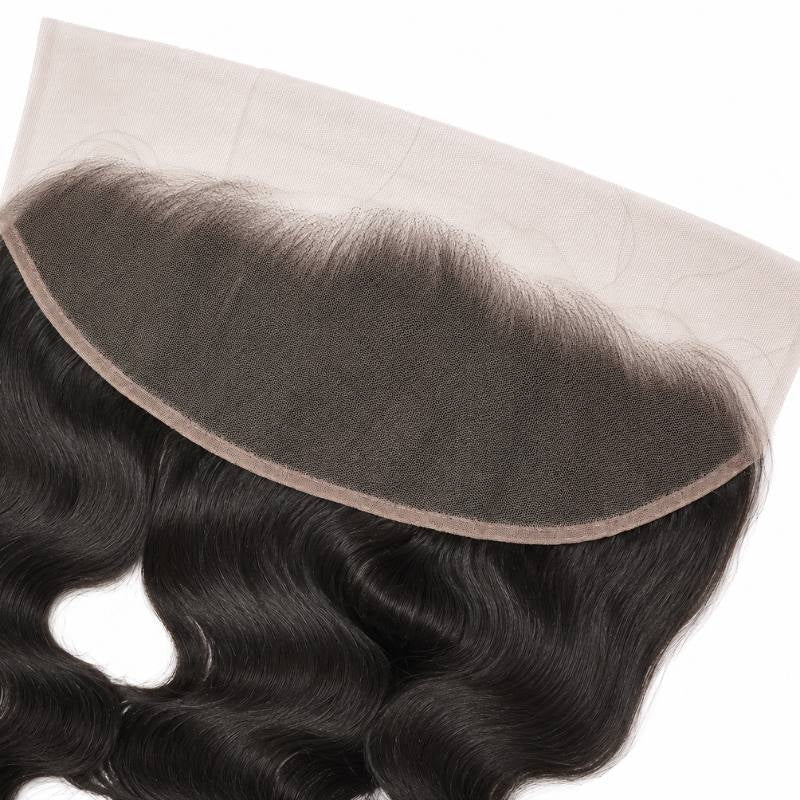 Close-up of the curved HD lace band and knotted hairline on jet black body wave hair extensions