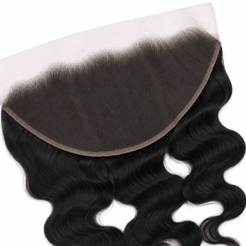 Close-up of the deep curved HD lace band and hairline knots on jet black body wave hair extensions with waves falling below