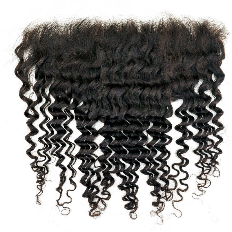 Hair Extensions - Brazilian Deep Wave 13x6 HD Lace Frontal - Natural Black (1B) - frontal piece front view showing curls