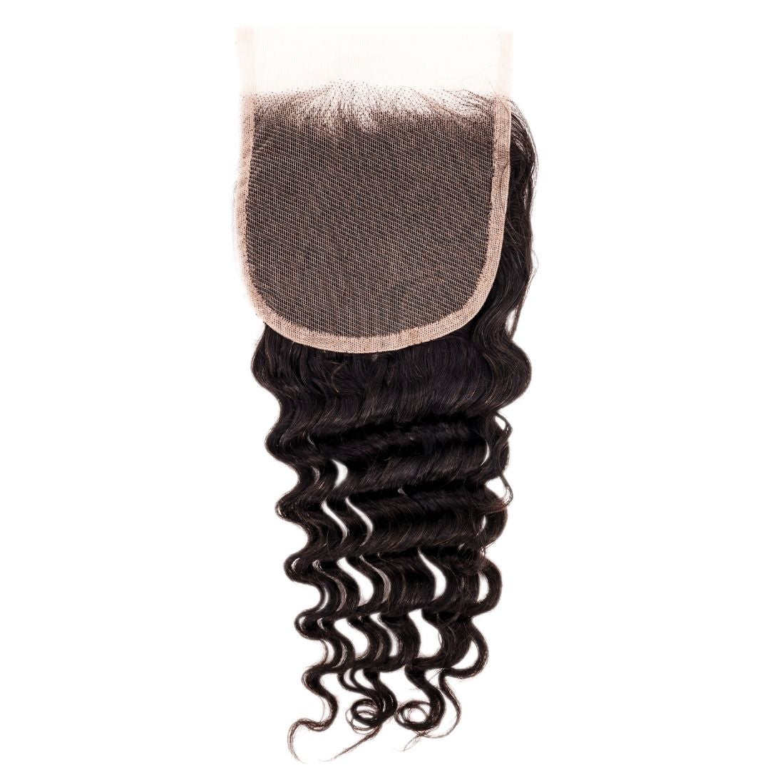 Hair Extensions - Brazilian Deep Wave 4x4 Transparent Closure - Natural Black (1B) - closure piece laid flat front view