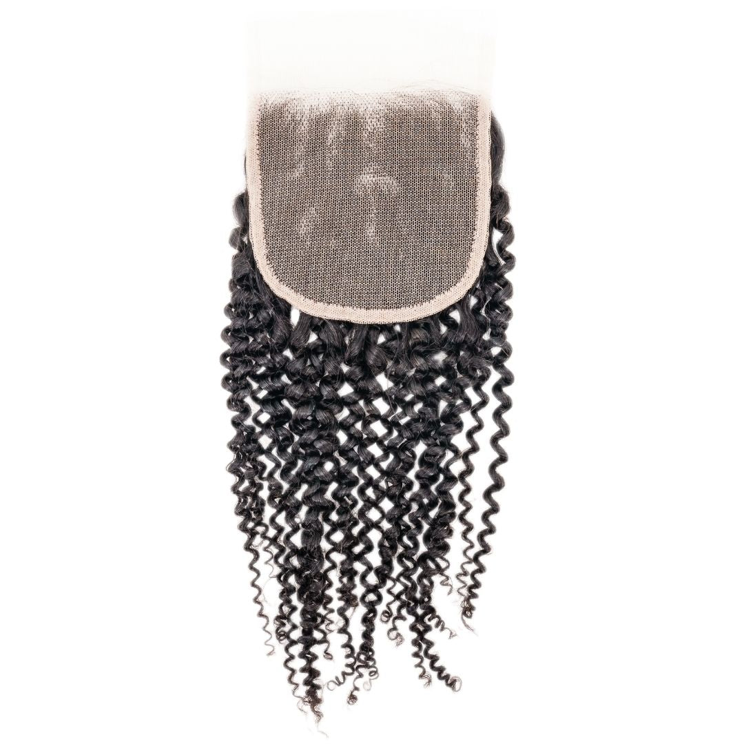 Hair Extensions - Brazilian Kinky Curly 4x4 Transparent Closure - Natural Black (1B) - closure piece laid flat showing curls