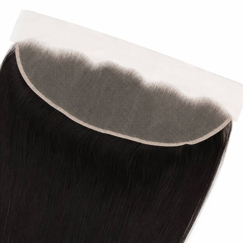 Angled view of the transparent lace panel with its curved bound edge and straight natural black hair extensions sweeping below