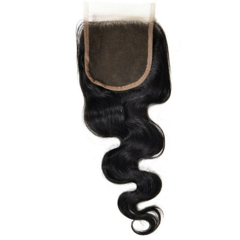 Hair Extensions - Brazilian Transparent Body Wave Closure - Natural Black (1B) - closure piece laid flat front view