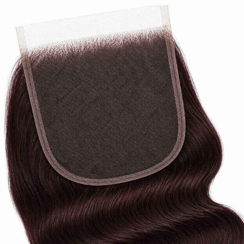 Underside of the 5x5 HD closure showing the lace base and knotted hairline on burgundy body wave hair extensions