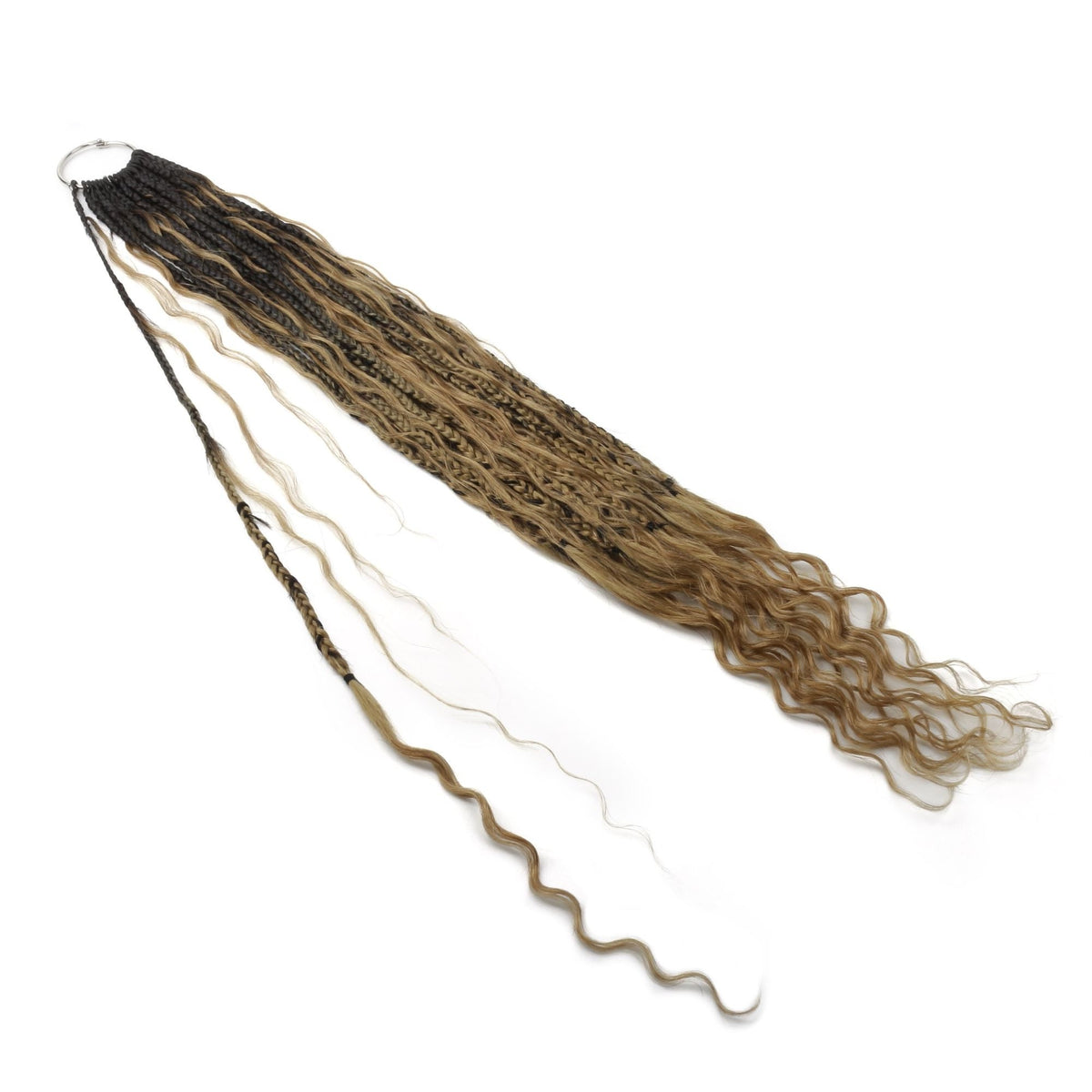 Pack of honey blonde ombre boho braid hair extensions fanned out with a few single braids pulled free to show the wavy ends