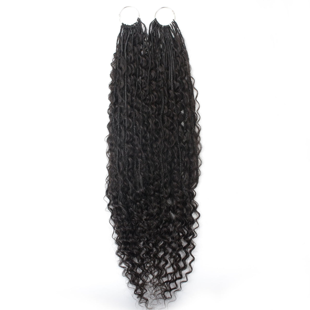 Two packs of natural black boho braid hair extensions side by side on metal rings showing braided roots and deep wave ends