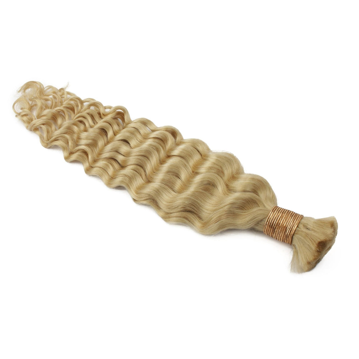 Single bundle of blonde deep wave bulk braiding hair extensions laid diagonally on white with the gold thread tie at the root