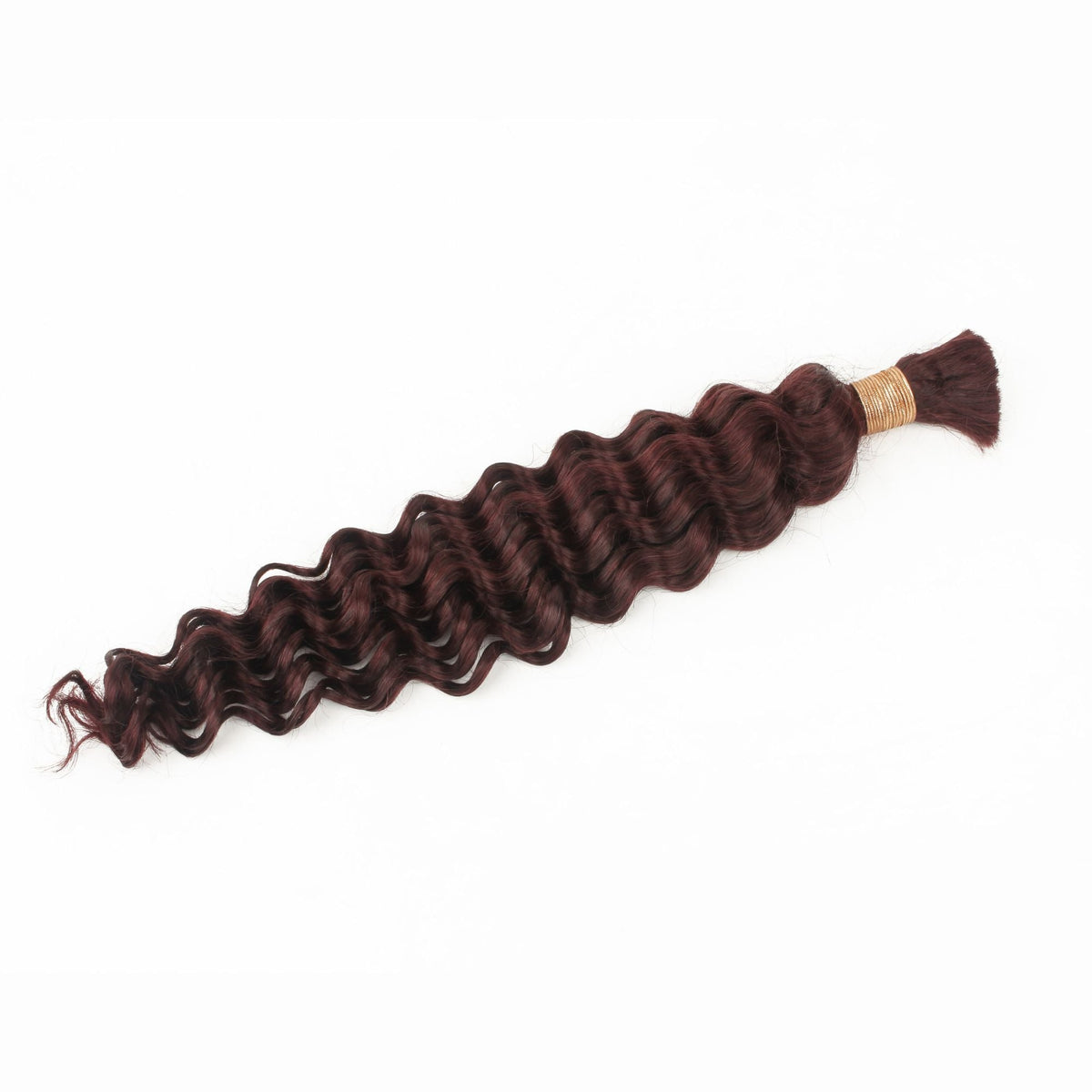 Bundle of burgundy deep wave bulk braiding hair extensions spread across a white background showing the full wave pattern