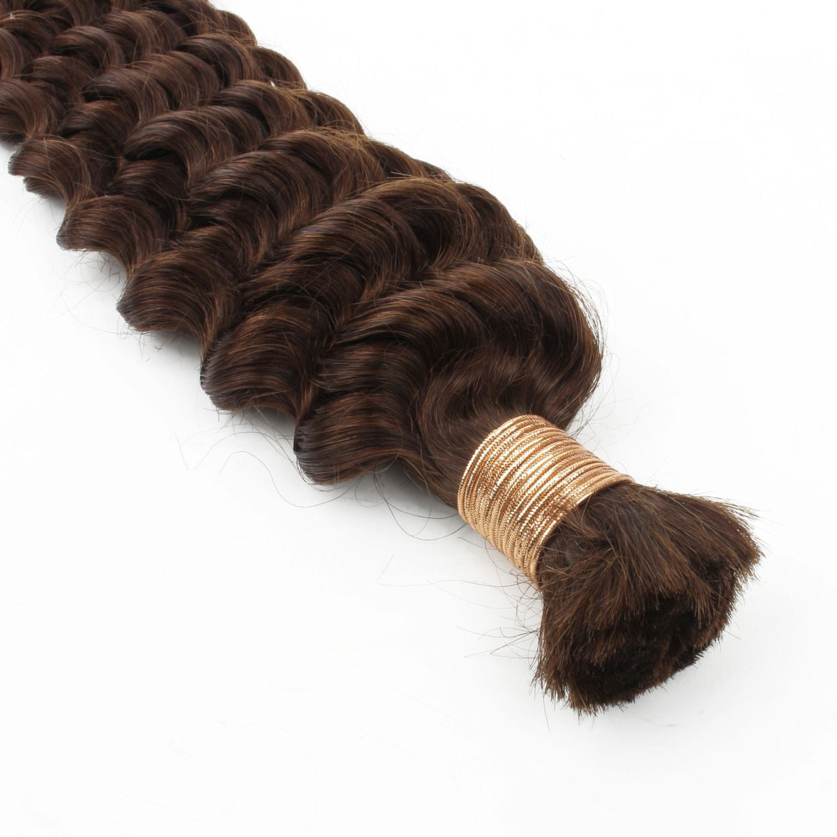 Close-up of the gold thread wrap binding medium brown deep wave bulk braiding hair extensions with the cut end fanned out