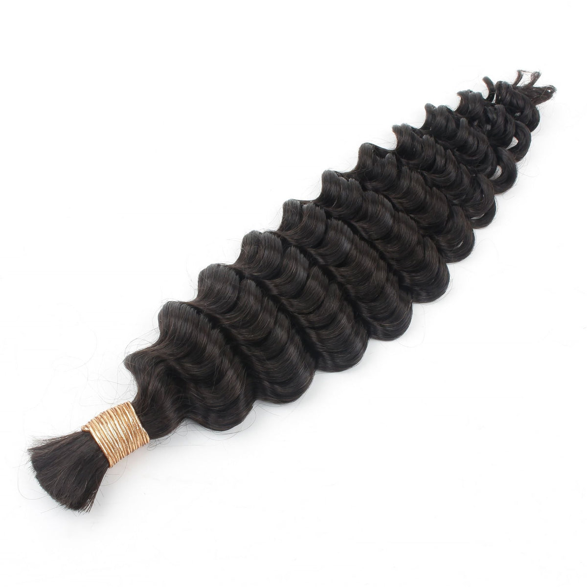 Natural black deep wave bulk braiding hair extensions laid diagonally on a white background showing the gold thread wrap and wave pattern