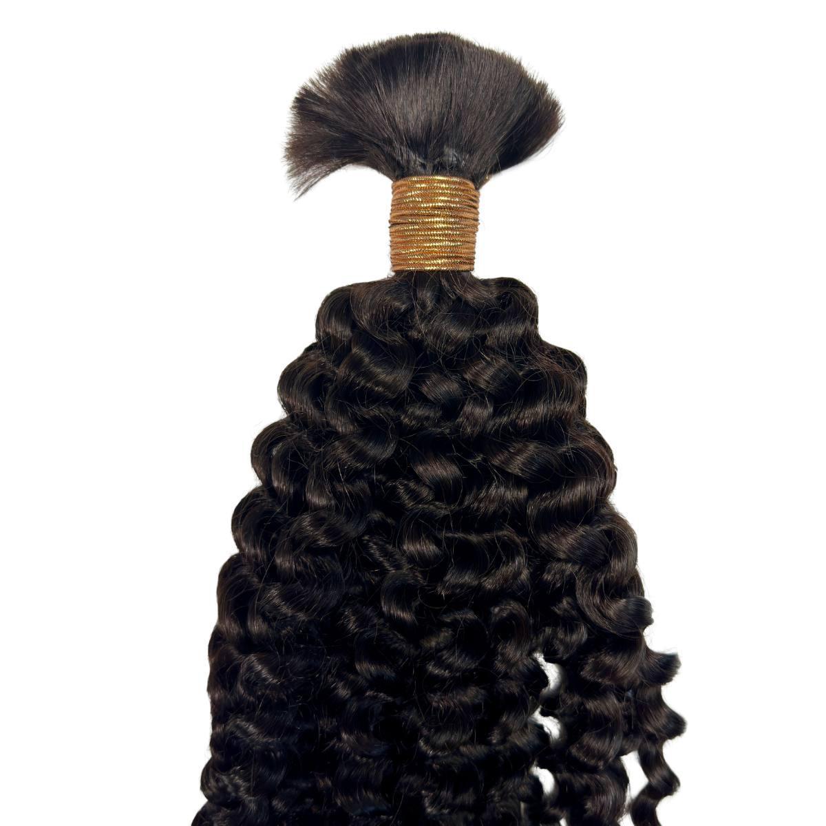 Hair Extensions - Kinky Curly Bulk Human Braiding Hair - Natural Black (1B) - bundle top and curl pattern close-up