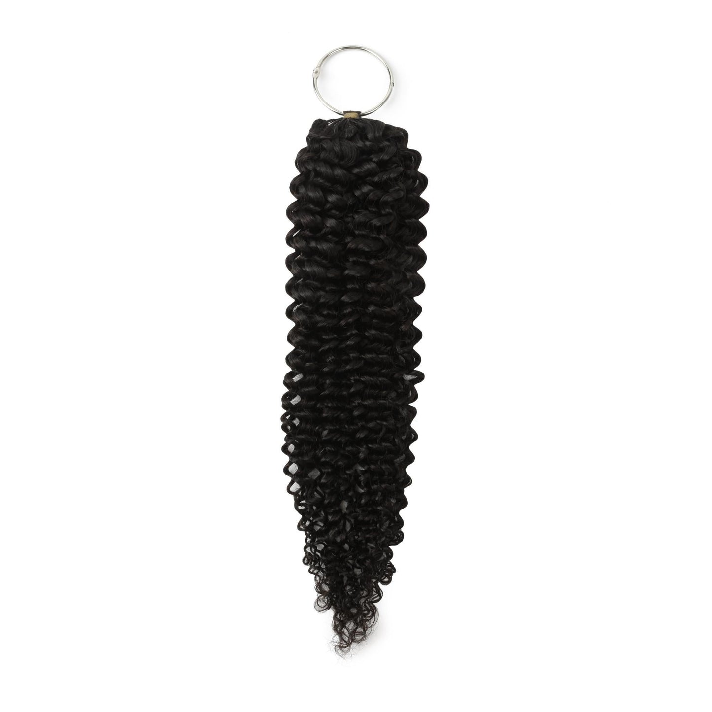 20" Kinky Curly Feather Crochet - full length on display ring
