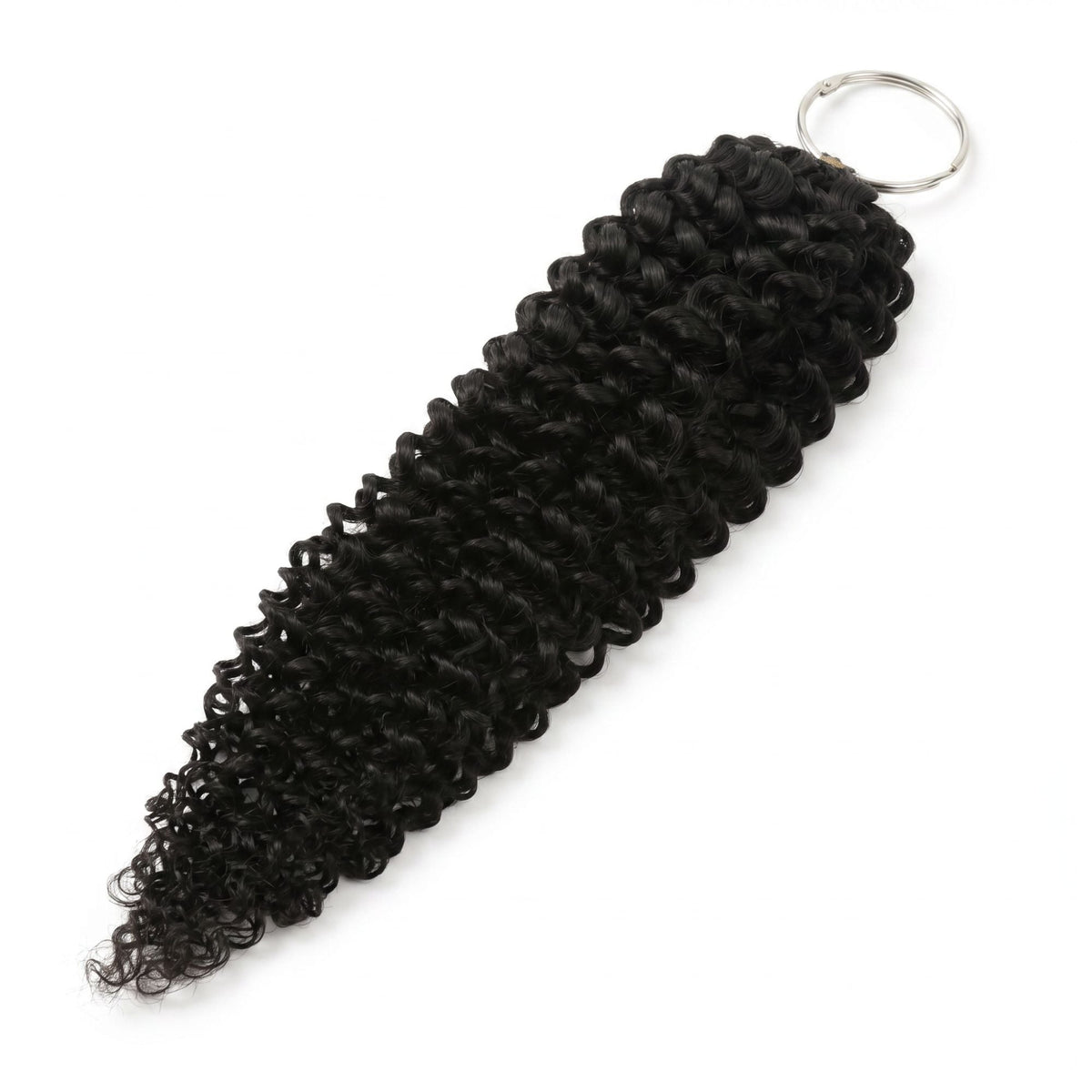 Whole piece of natural black kinky curly feather crochet hair extensions on white with the metal ring at the bound loop end