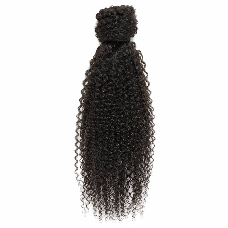 Natural black kinky curly ponytail hair extensions laid flat on white showing the whole piece and the wrap tab at the top
