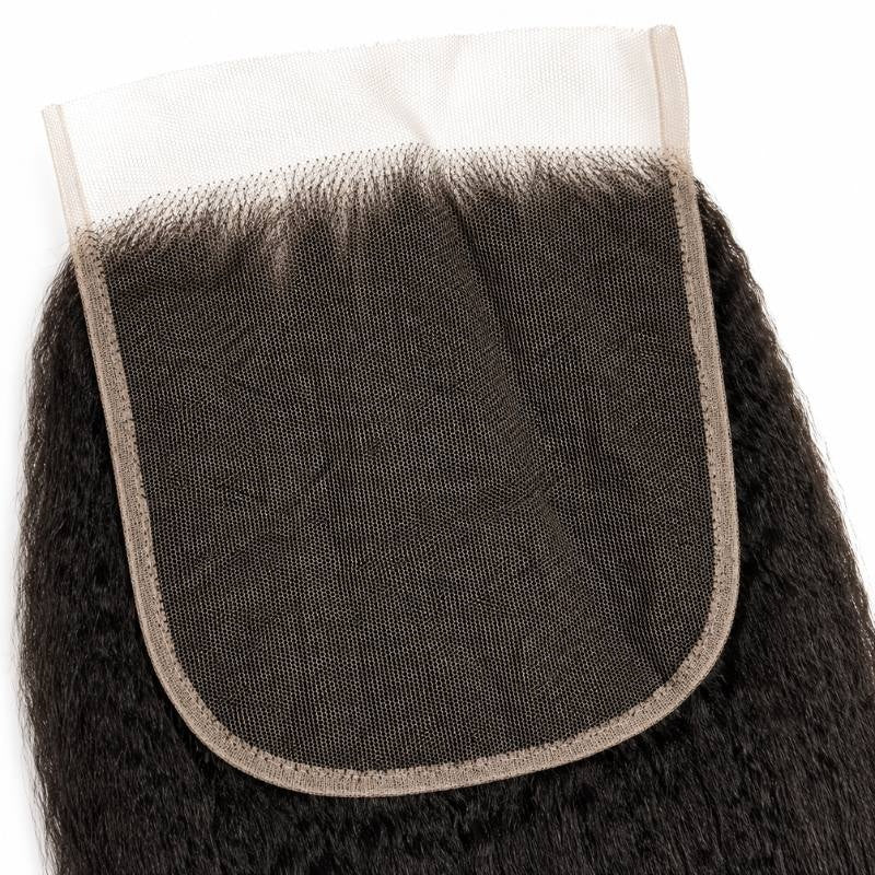 Underside of the HD lace base on natural black kinky straight closure hair extensions showing the hairline knots and rounded stitched edge