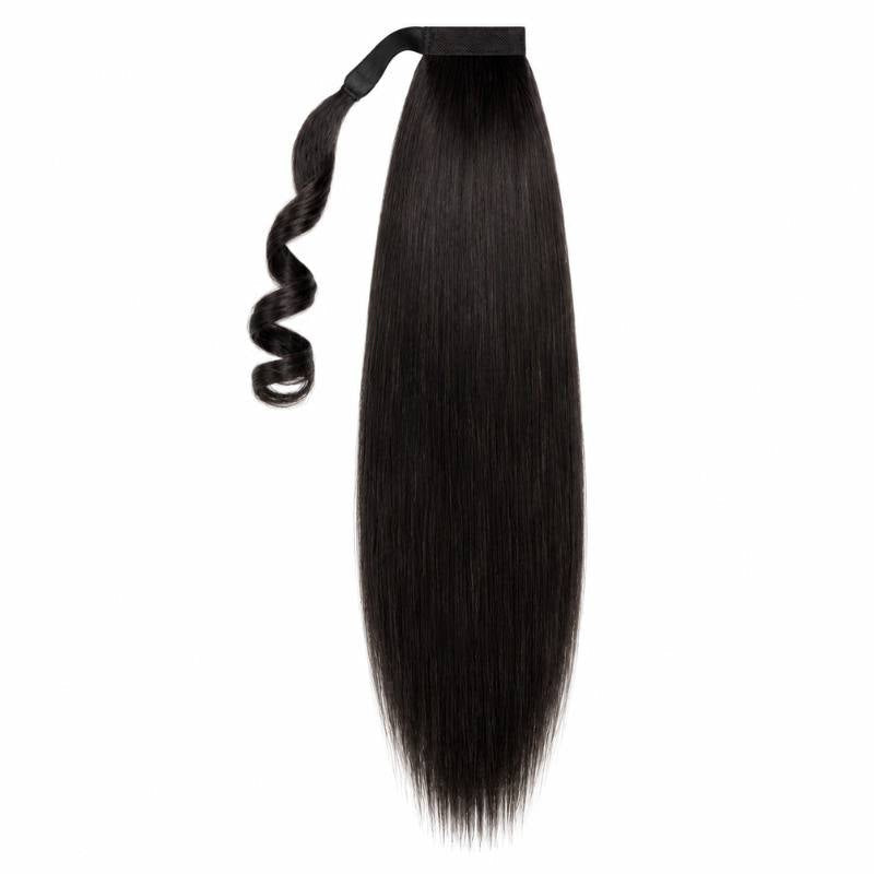 Whole natural black straight ponytail hair extensions piece shown vertically with the wrap strand curled beside the fastening band
