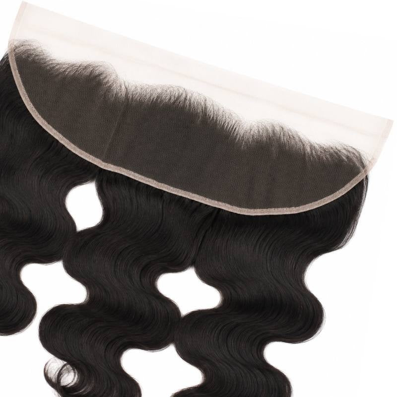 Close-up of the curved lace panel and hairline on natural black body wave lace frontal hair extensions