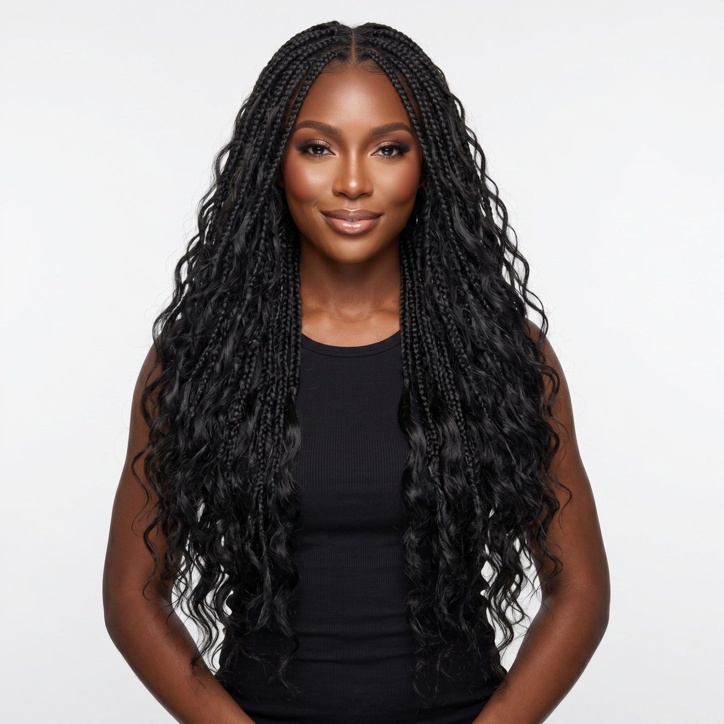 Model wearing knotless braids finished with loose wavy ends in natural black bulk braiding hair extensions, front view on white
