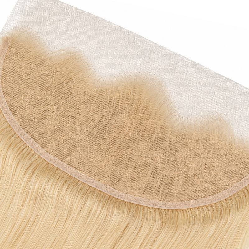 Close-up of the lace panel and knotted hairline on blonde straight transparent lace frontal hair extensions