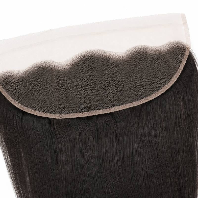 Close-up of the lace panel underside on yaki straight natural black hair extensions showing knotted mesh and the curved ear to ear edge