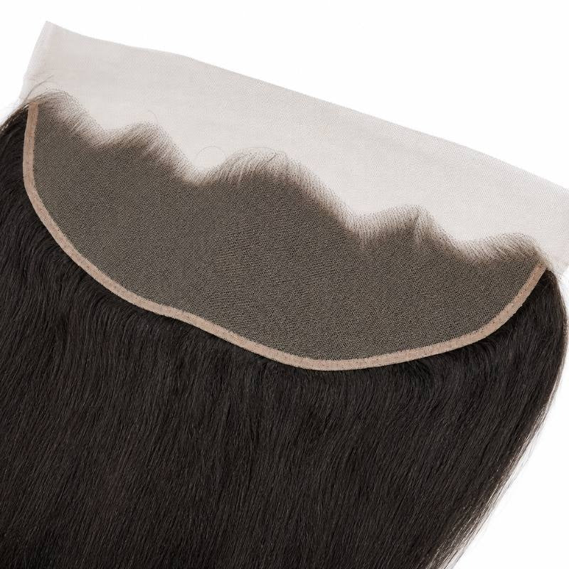 Macro view of the transparent lace base on yaki straight natural black hair extensions showing individual knots and the bound curved edge