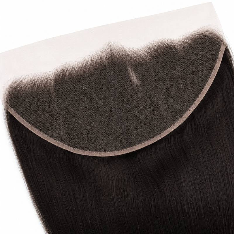 Underside close-up of the deep lace panel on yaki straight natural black hair extensions showing the mesh, knots and stitched edge