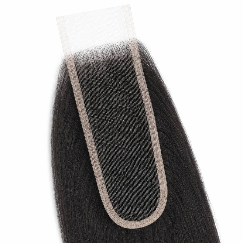 Macro shot of the narrow transparent lace panel on yaki straight natural black hair extensions showing the fine mesh, knots and hairline row
