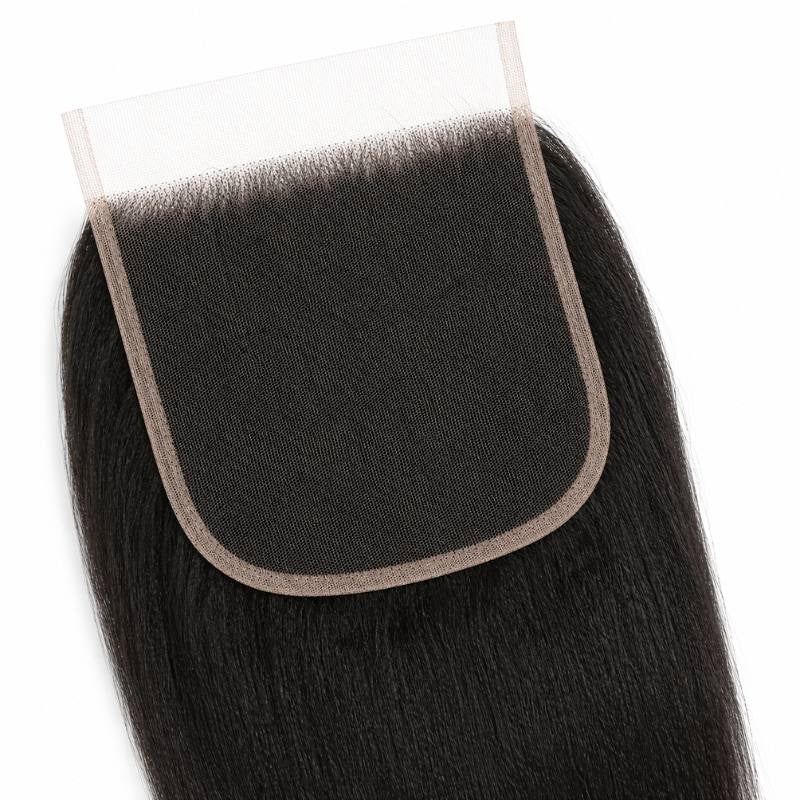 Close-up of the wide square lace base on yaki straight natural black hair extensions with the mesh, knot row and bound edge in view