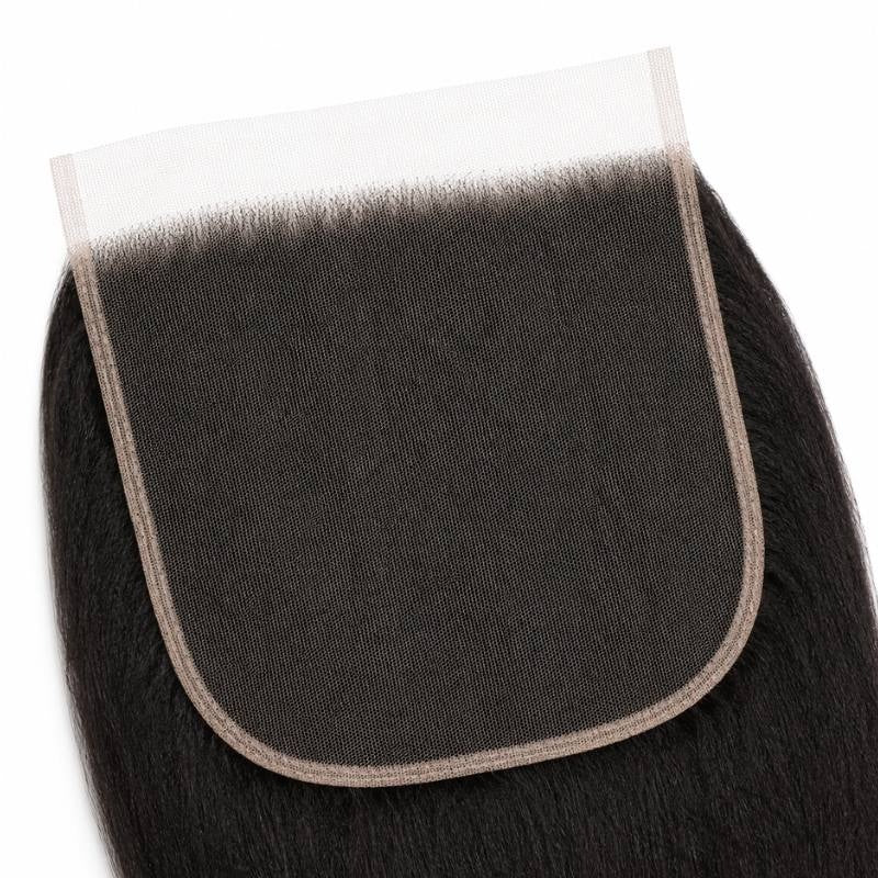 Close-up of the large lace base on yaki straight natural black hair extensions showing the mesh, hairline knots and stitched border