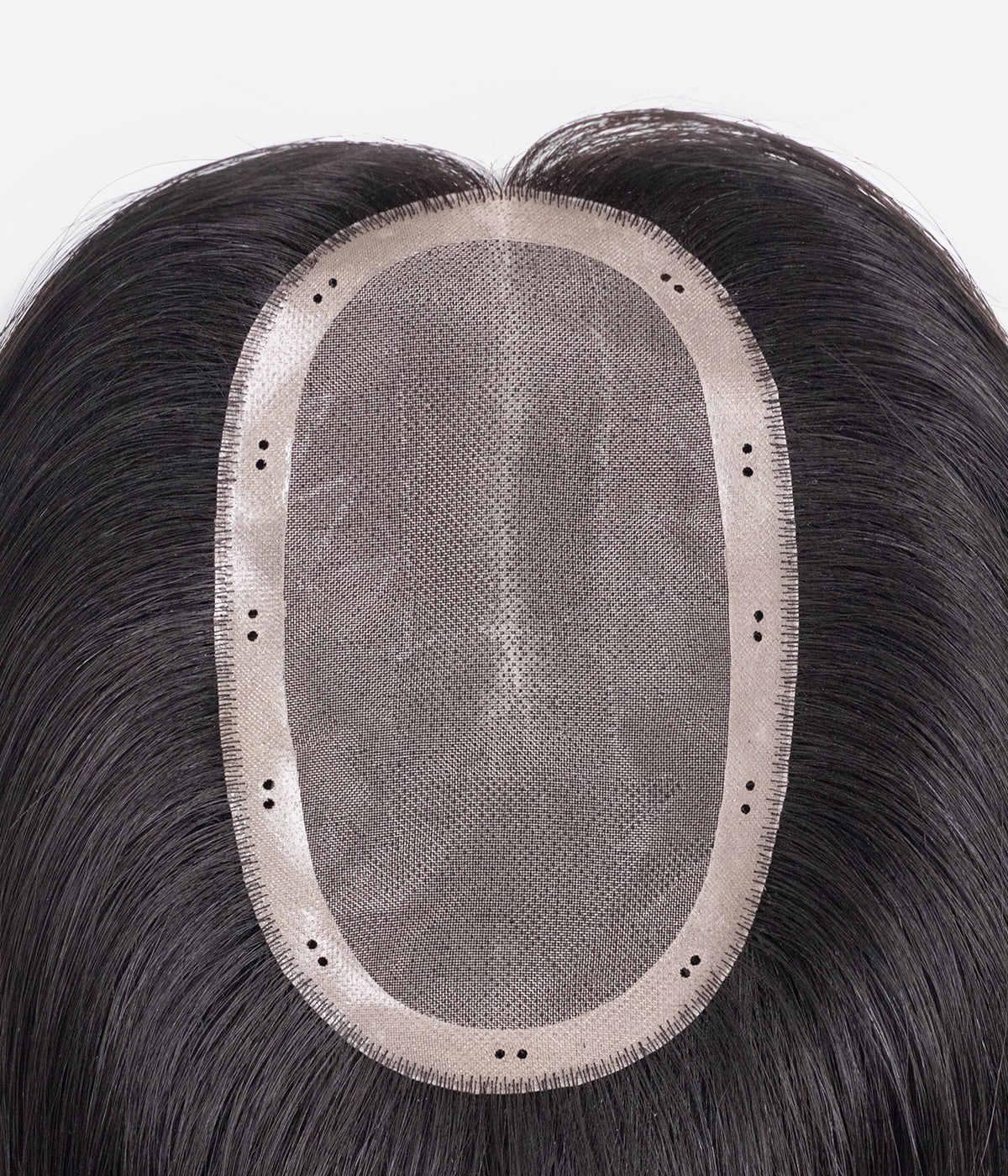 Tape-In Human Hair Topper - Mono Base 3x5 - close-up of oval mono base with PU perimeter and vents