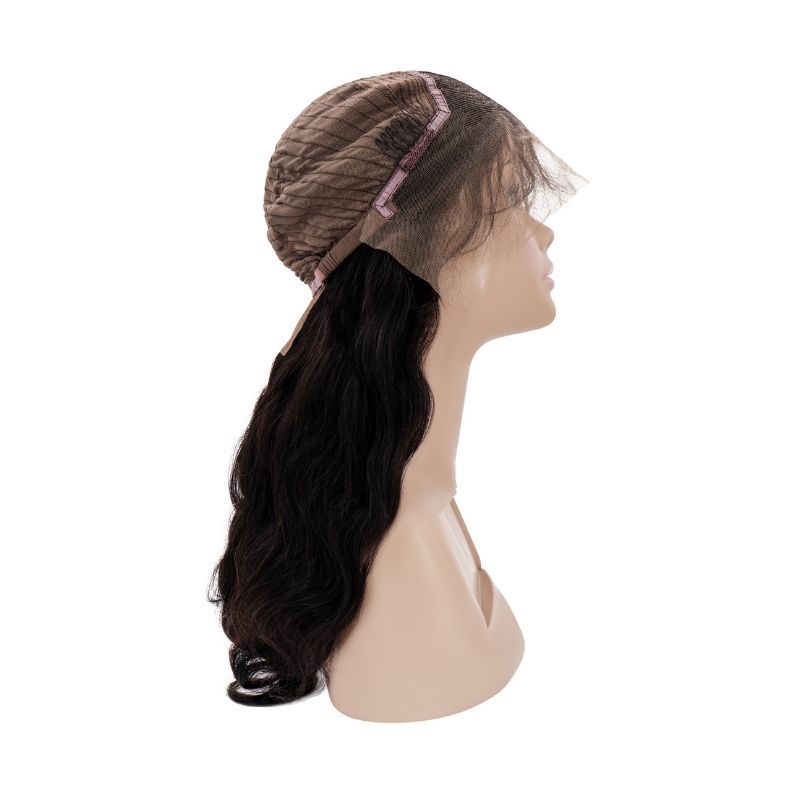 Human Hair Wig - Body Wave 13x4 Transparent Lace Front Wig - Natural Black (1B) - side view cap and lace visible