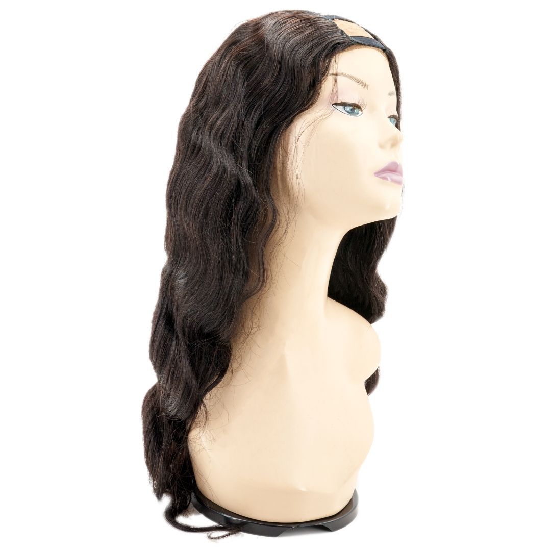 Human Hair Wig - Brazilian Body Wave U-Part Wig - Natural Black (1B) - side view on mannequin showing wave pattern