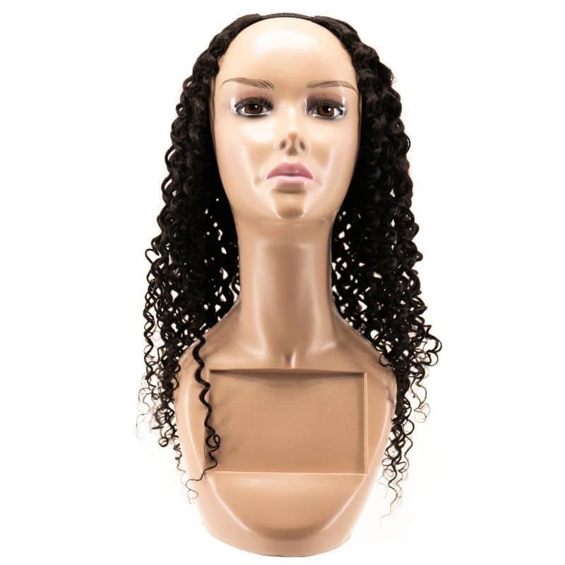Human Hair Wig - Brazilian Kinky Curly U-Part Wig - Natural Black (1B) - front view showing u-part opening on mannequin