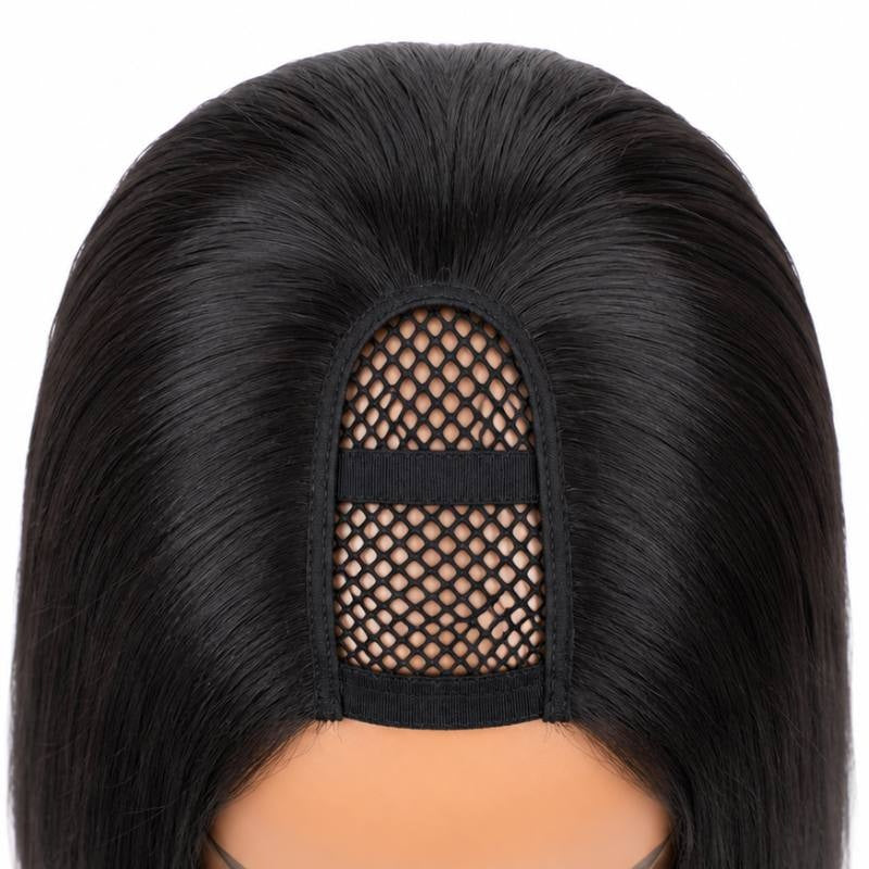 Close-up of the U part mesh opening at the crown of a natural black straight human hair wig with the elastic band across the panel