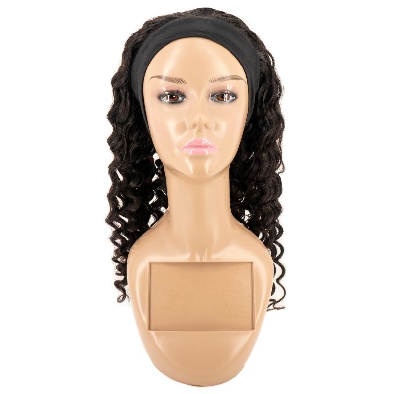 Human Hair Wig - Deep Wave Headband Wig - Natural Black (1B) - front view with black headband on mannequin