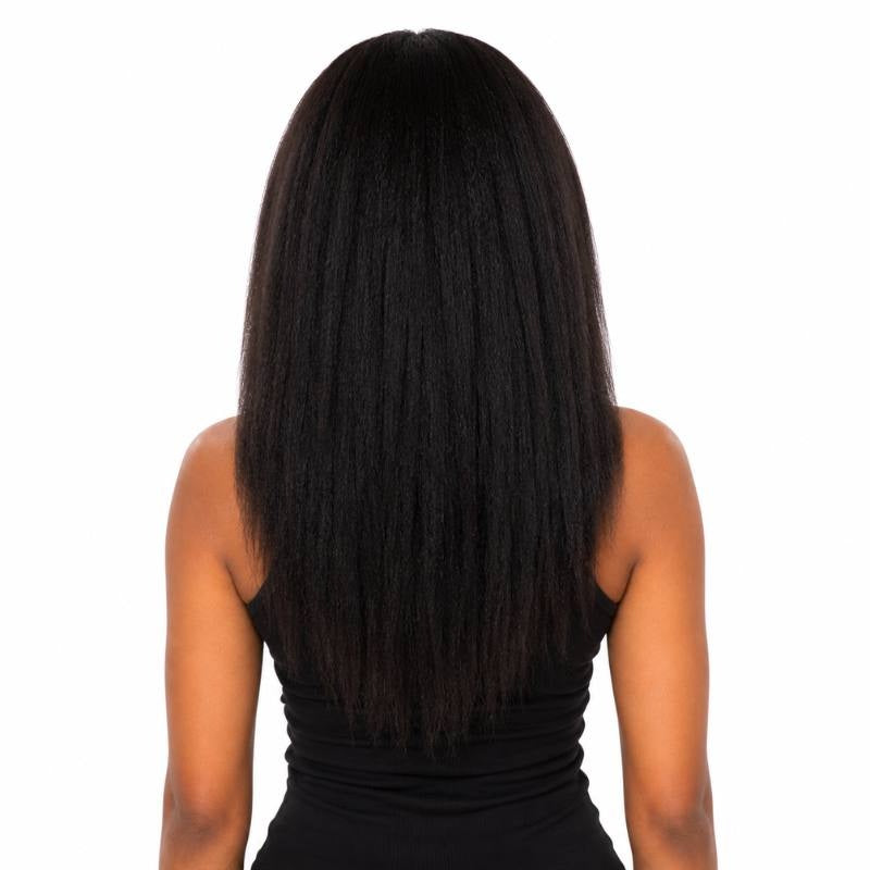 Back view of a model wearing a natural black kinky straight human hair wig showing the full length and blunt ends across the back