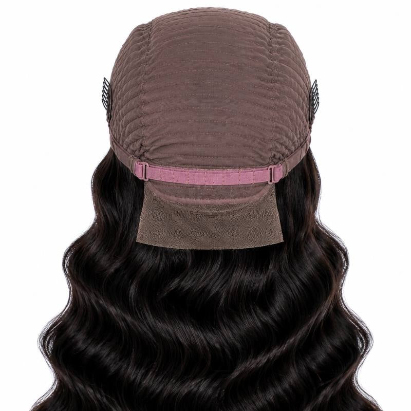 Back of a loose wave human hair wig cap showing the adjustable strap, combs and nape panel above natural black waves