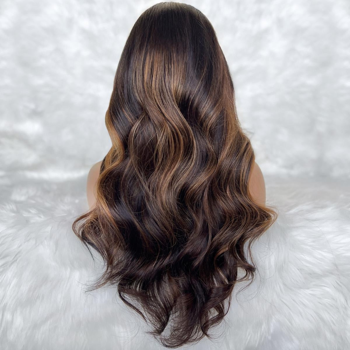 Raw Body Wave Glueless 5x5 HD Lace Closure Wig - Natural Black / Chocolate Brown / Toffee Balayage (1B/4/30) - dark brown body wave with honey highlights, long voluminous waves, back view