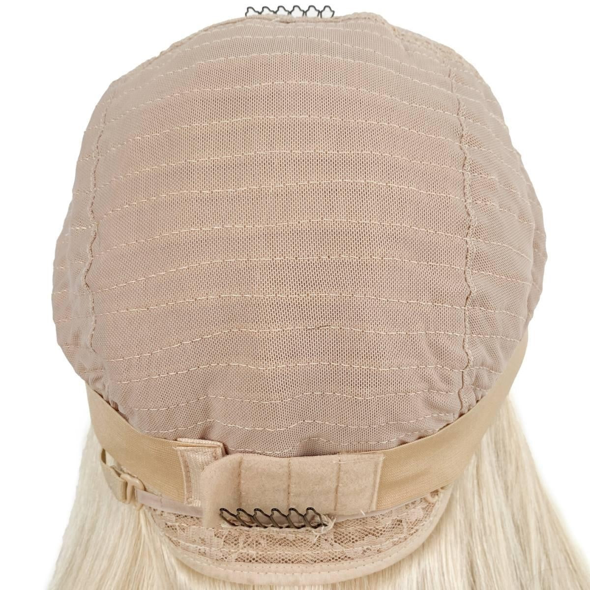 Raw Body Wave Glueless 5x5 HD Lace Closure Wig - Blonde / Natural Black Reverse Ombre (613/1B) - cap construction back view with wefts and adjustable strap, blonde hair