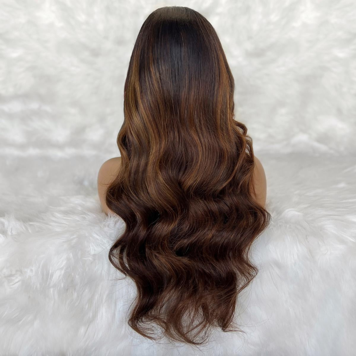 Raw Body Wave Glueless 5x5 HD Lace Closure Wig - Dark Brown / Toffee Ombre (2/30) - chocolate brown body wave with caramel highlights, long loose waves, back view