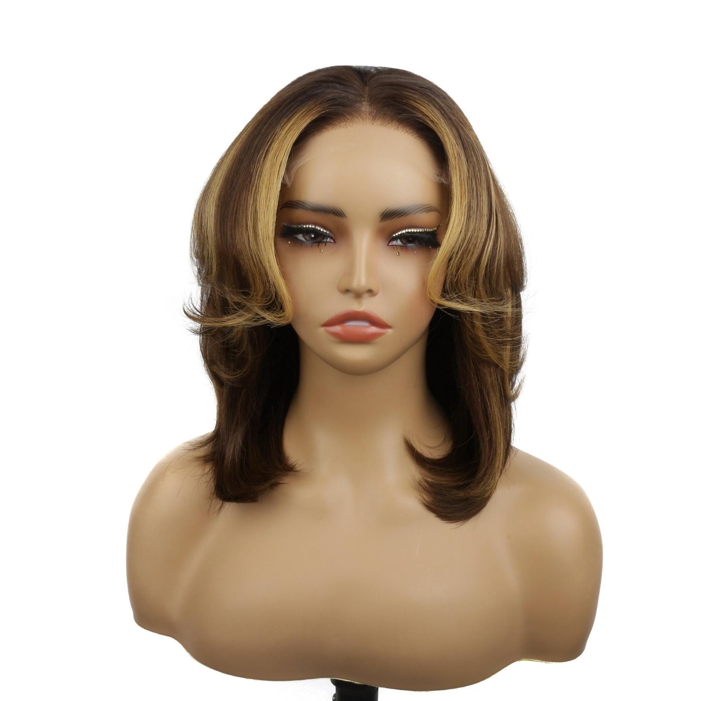 Raw Straight Glueless 5x5 HD Lace Closure Bob Wig - Toffee / Honey Blonde Balayage (30/27) - front view on mannequin, flipped ends