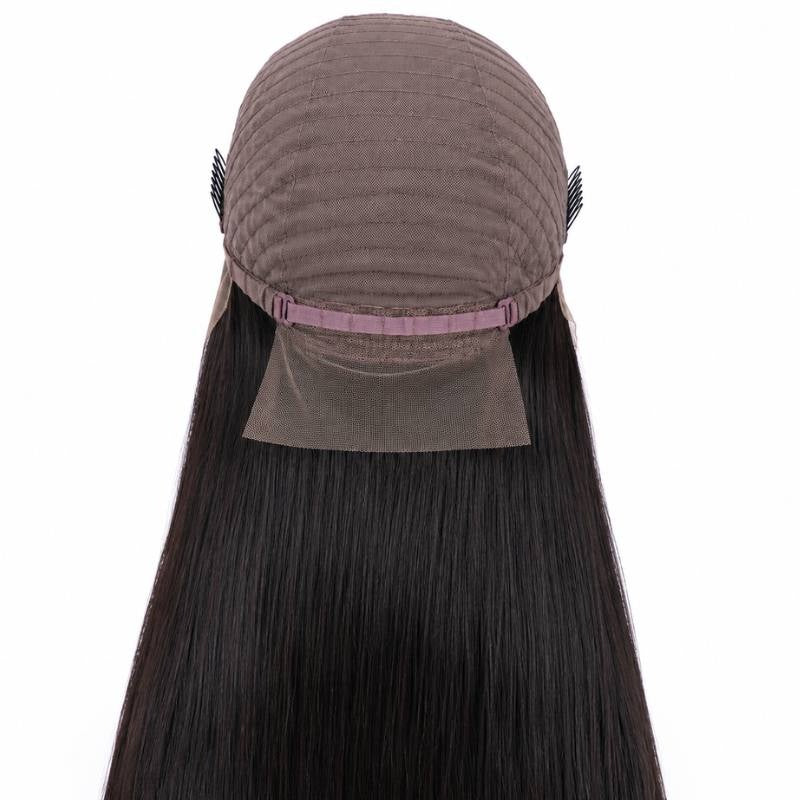 Interior back of the cap on a natural black straight human hair wig showing the wefted dome, adjustable straps, side combs and nape panel