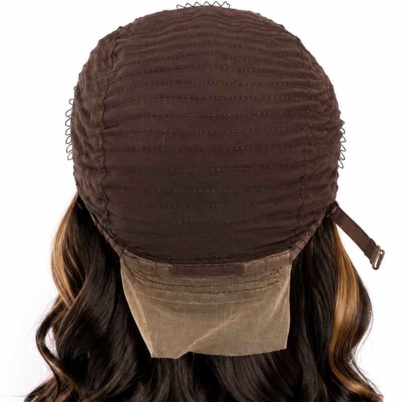 Interior back of the cap on a dark brown and honey blonde balayage bob human hair wig showing the wefted dome, side combs and nape panel