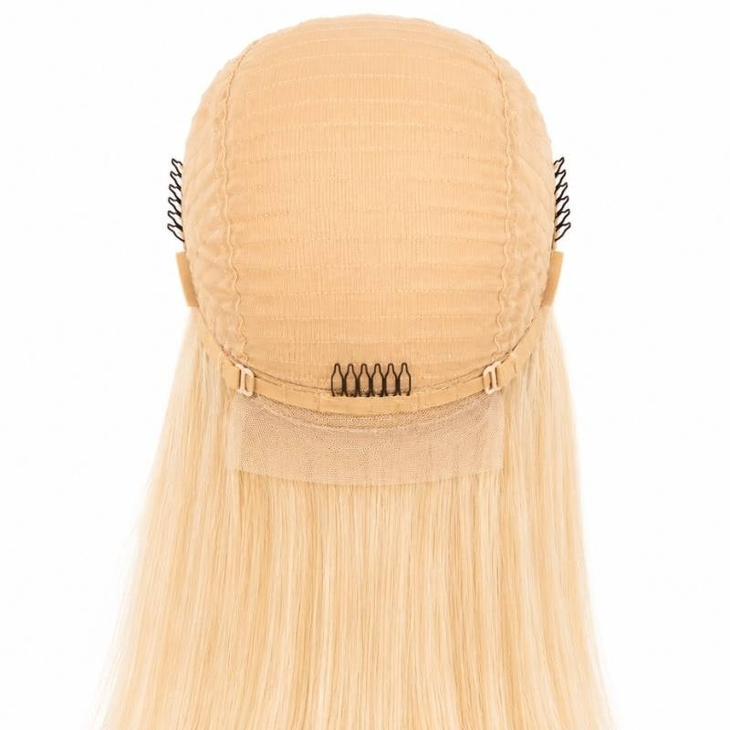 Interior of the cap on a blonde 613 straight human hair wig showing three combs, adjustable straps and the lace panel